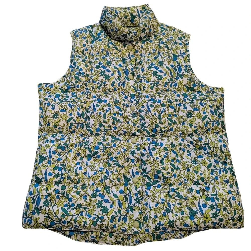 Lands End Puffer Vest Womens Sz M 10-12 Blueberry Floral Down Filled Quilted